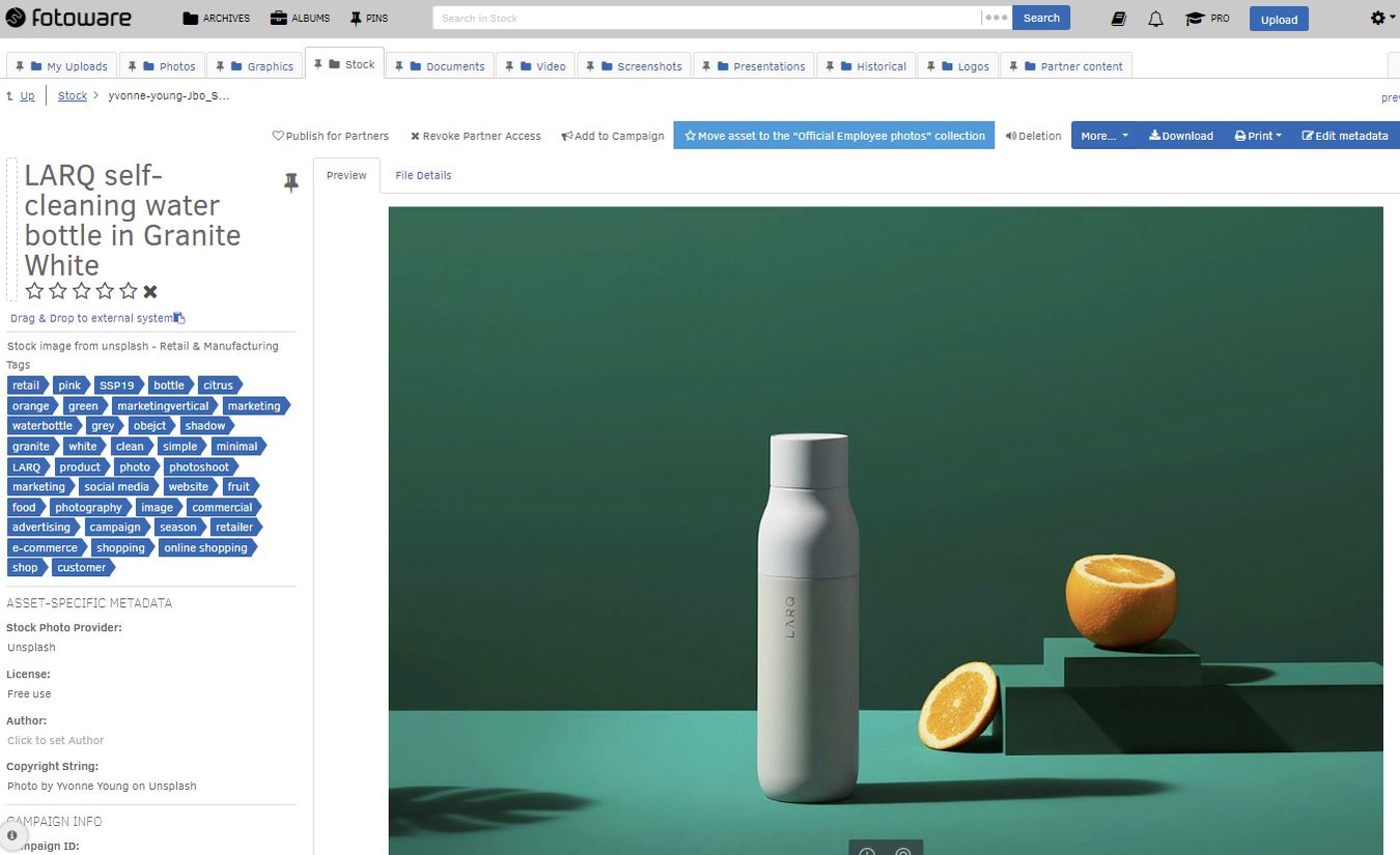 Stock image from unsplash in Fotoware DAM with metadata tags