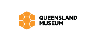 Logo: Orange bee-hive icon and text Queensland Museum