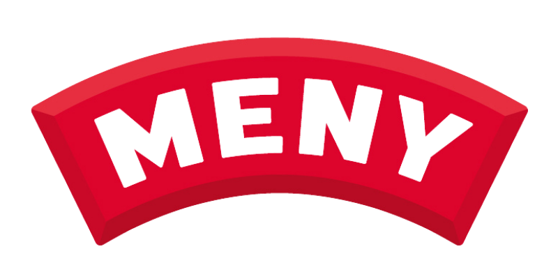 Logo: red arch with text Meny