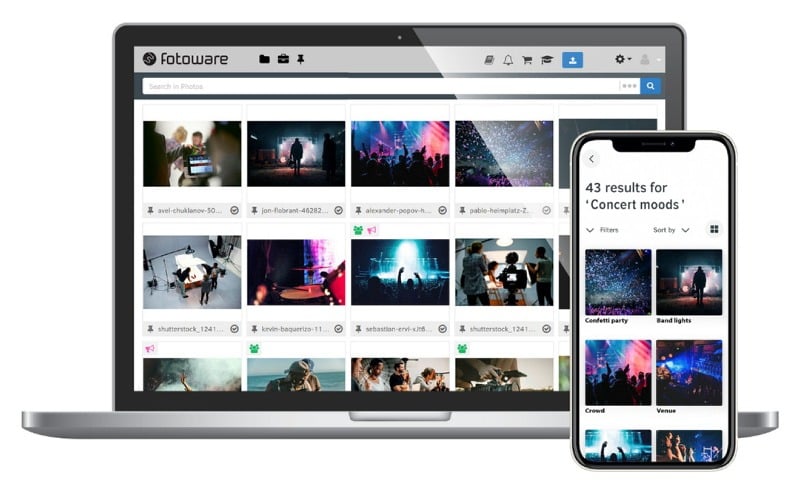 Laptop and mobile showing FotoWare interfaces with Concert moods images