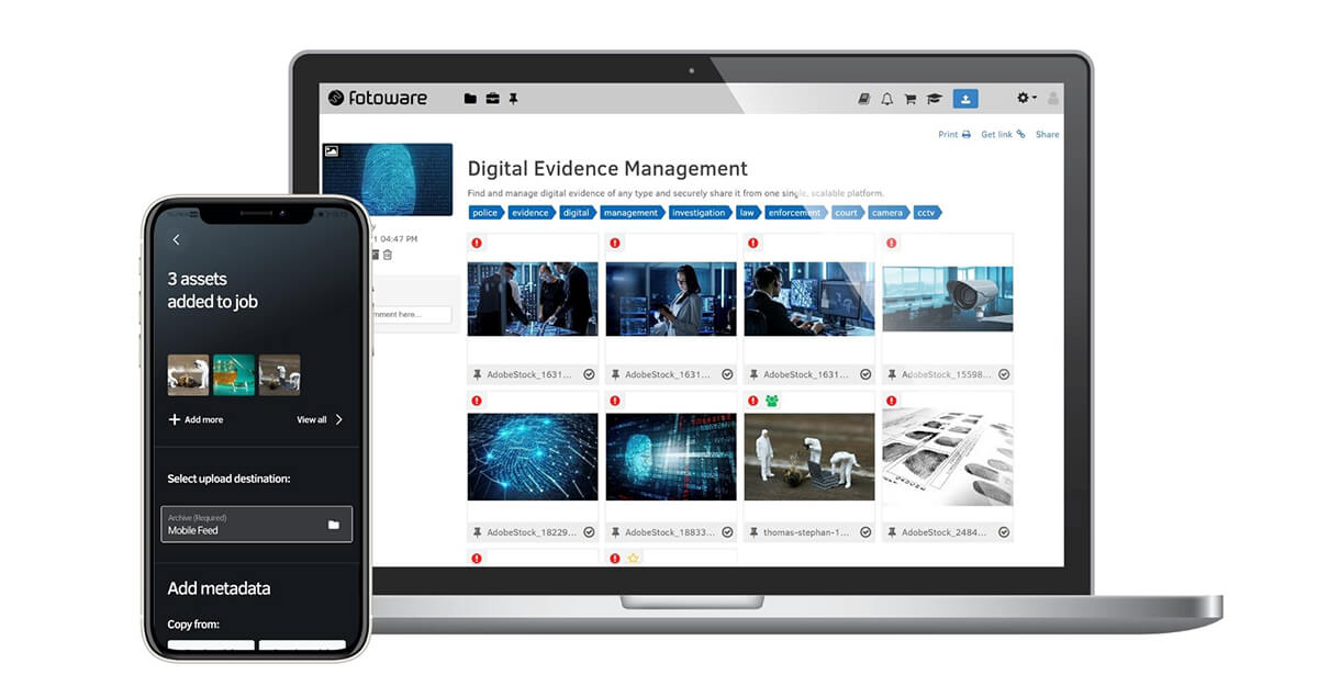 Laptop and smartphone showing images of crime scenes, fingerprints, surveillance camera
