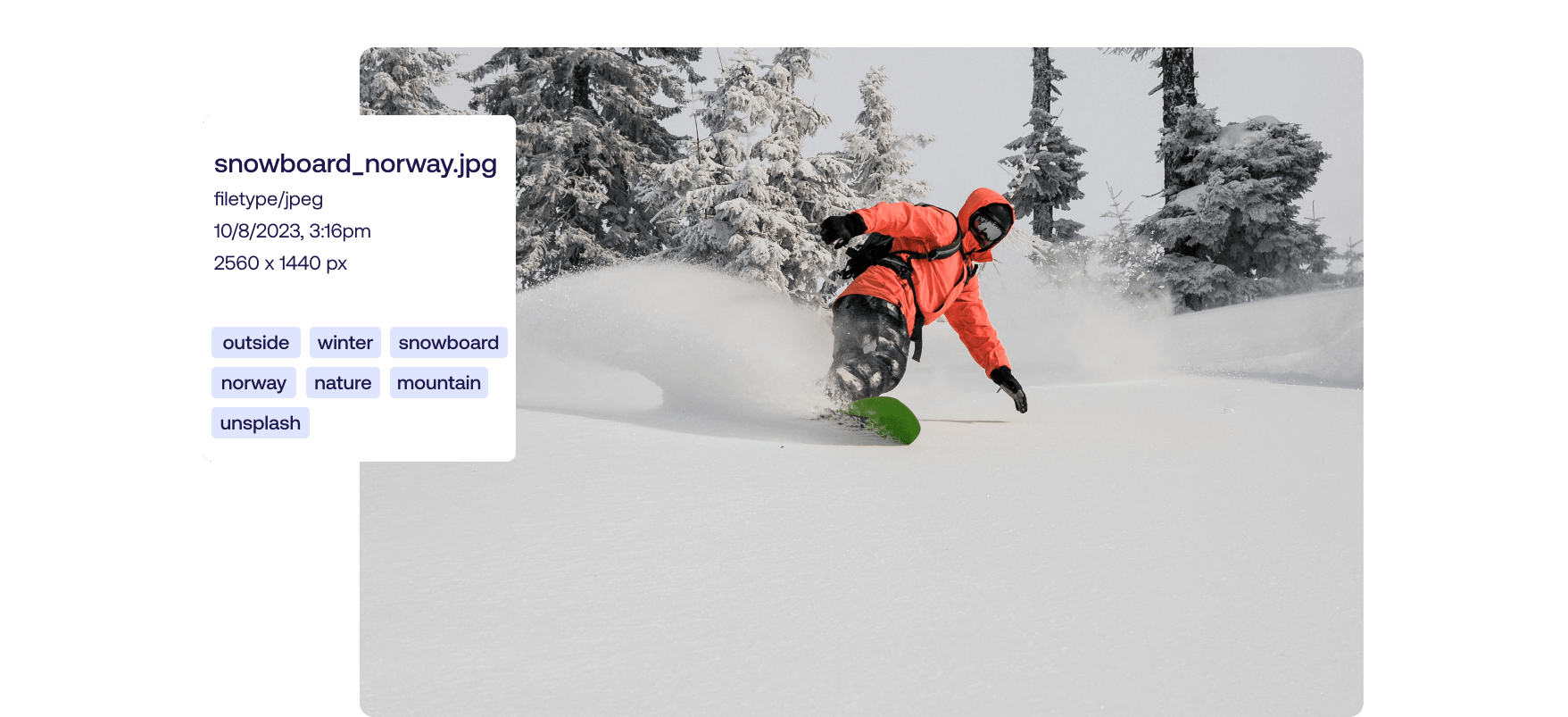 Photo of snowboarder with information about filetype, date, format, and tags