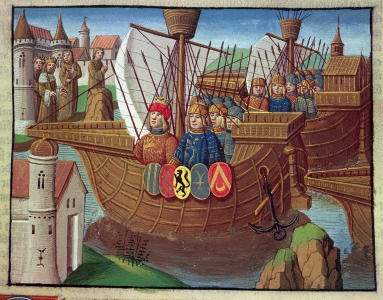The Crusaders returning from the Holy Land, miniature in the incunable Ogier le Danois, printed by A. Verard, Paris, 1499, Italy. Piamonte Turin