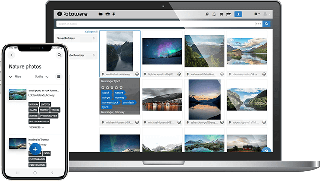 Digital Asset Management software interfaces displayed on laptop and phone device