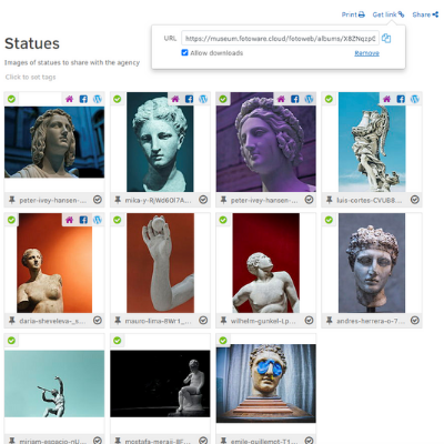 FotoWare interface - screenshot of thumbnail grid view and sharing link dialogue