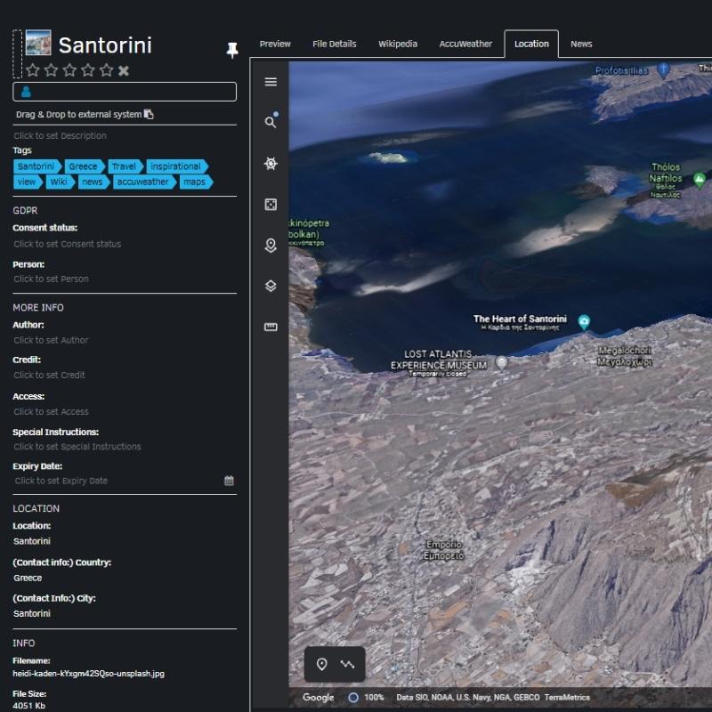 FotoWare interface showing metadata and geo data - web widget