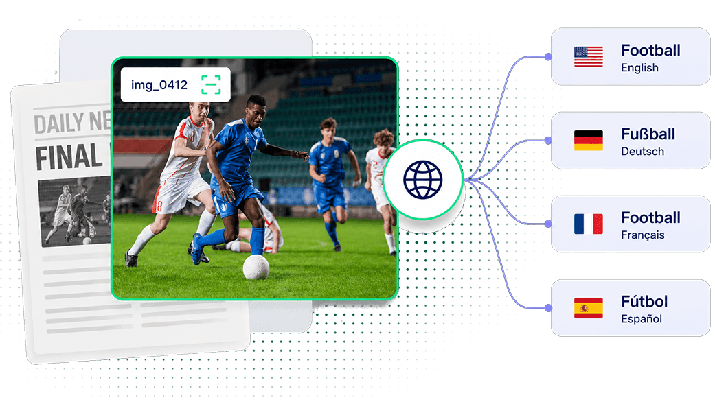 image of football players, with arrows pointing to translated terms for 