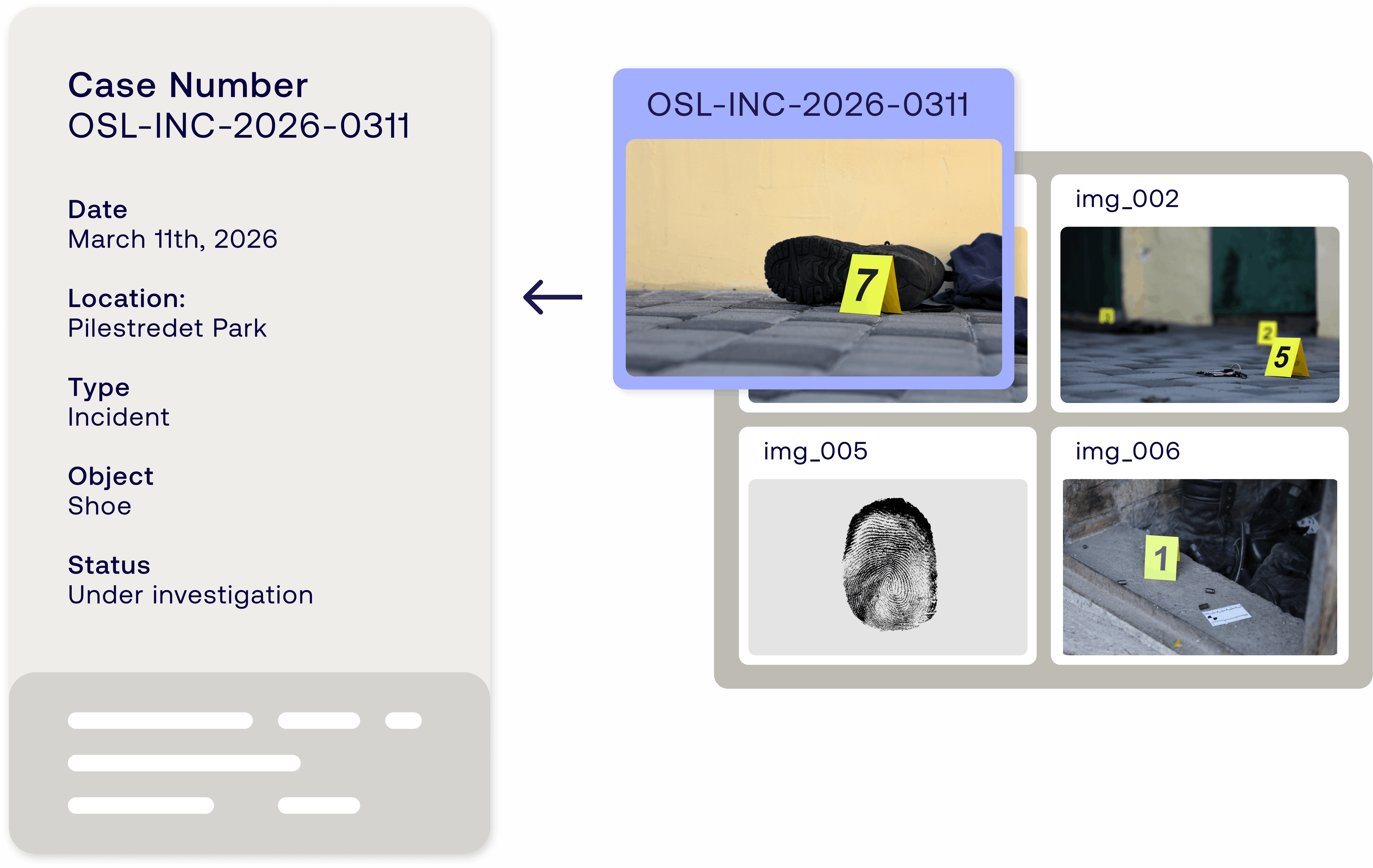 a featured evidence image and a list with case number, date, location, type, object, status defined